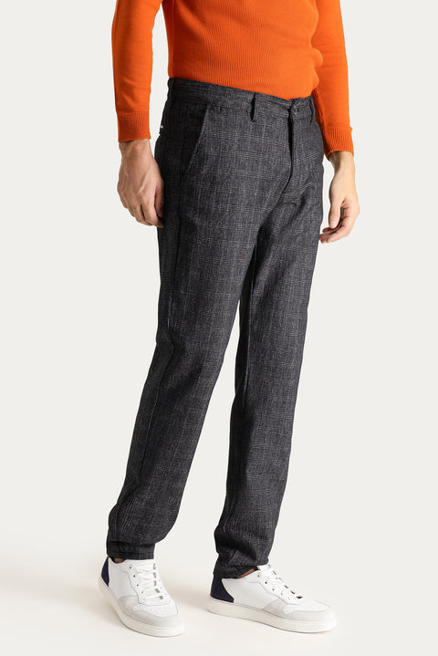 Dark Navy Blue Slim Fit Plaid Lycra Canvas / Chino Pants