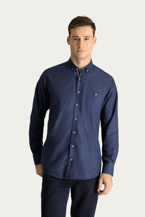 Orta Lacivert Uzun Kol Regular Fit Oduncu Pamuklu Düğmeli Yaka Gömlek