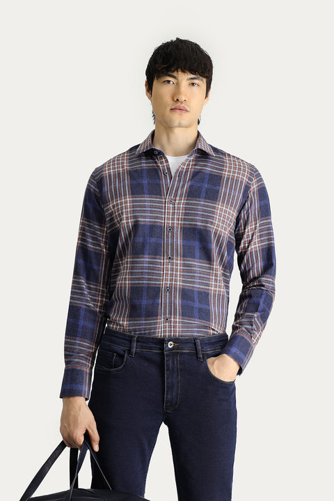 Koyu Lacivert Uzun Kol Regular Fit Ekose Oduncu Pamuklu Gömlek