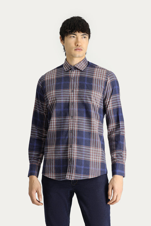 Koyu Lacivert Uzun Kol Regular Fit Ekose Oduncu Pamuklu Gömlek