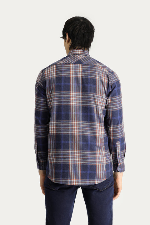 Koyu Lacivert Uzun Kol Regular Fit Ekose Oduncu Pamuklu Gömlek