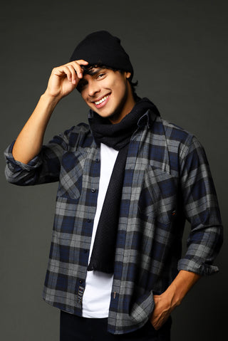  Koyu Lacivert Uzun Kol Oversize Ekose Oduncu Spor Pamuk Gömlek