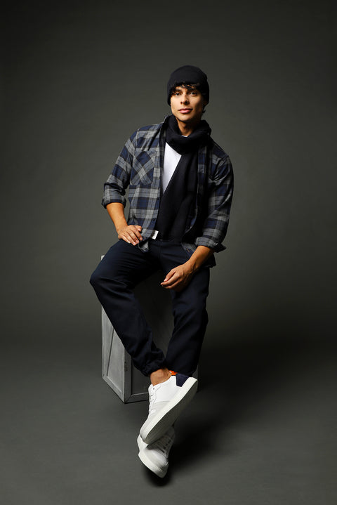 Koyu Lacivert Uzun Kol Oversize Ekose Oduncu Spor Pamuk Gömlek