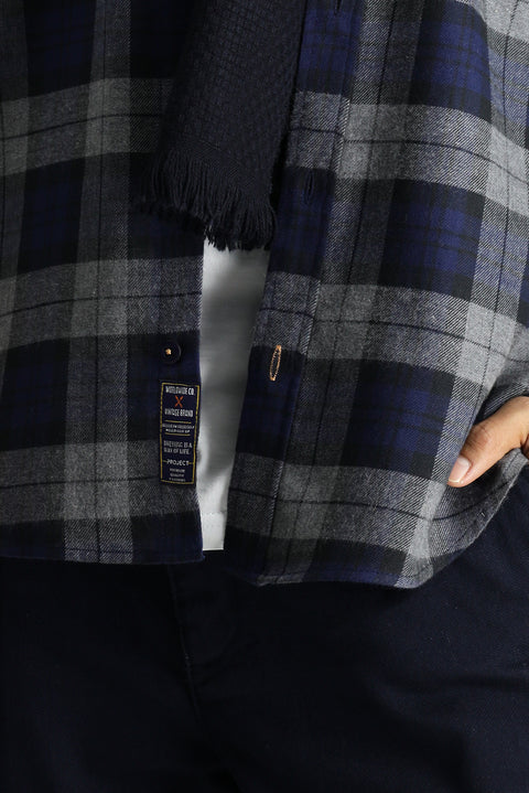 Koyu Lacivert Uzun Kol Oversize Ekose Oduncu Spor Pamuk Gömlek