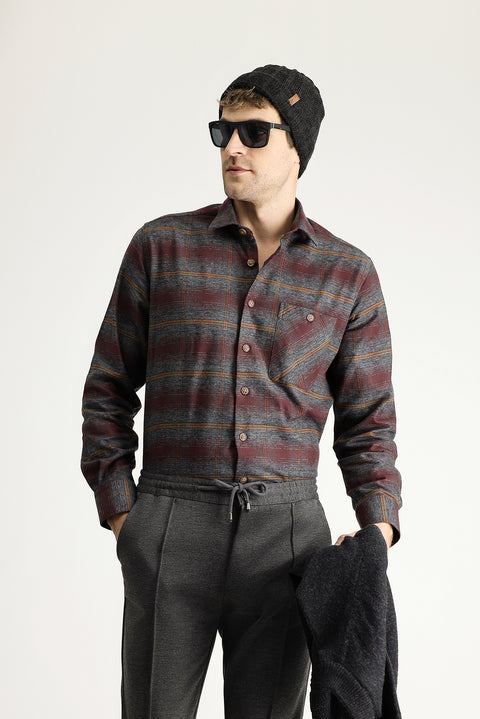 Dark Burgundy Long Sleeve Regular Fit Lumberjack Plaid Cotton Shirt