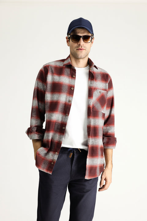 Koyu Kırmızı Uzun Kol Regular Fit Oduncu Ekose Pamuk Gömlek