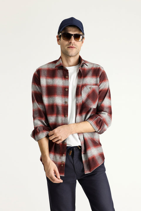 Koyu Kırmızı Uzun Kol Regular Fit Oduncu Ekose Pamuk Gömlek