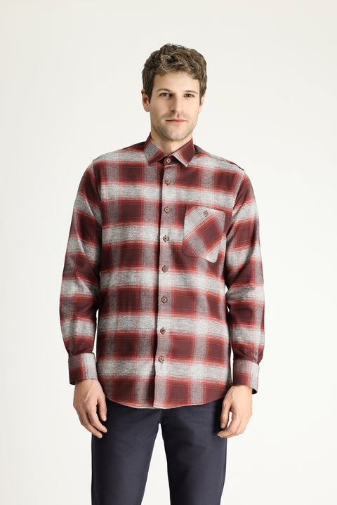 Koyu Kırmızı Uzun Kol Regular Fit Oduncu Ekose Pamuk Gömlek