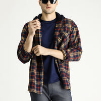 Koyu Lacivert Kapüşonlu Oversize Ekose Shacket Oduncu Pamuk Gömlek / Mont