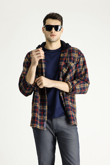 Koyu Lacivert Kapüşonlu Oversize Ekose Shacket Oduncu Pamuk Gömlek / Mont