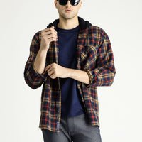 Koyu Lacivert Kapüşonlu Oversize Ekose Shacket Oduncu Pamuk Gömlek / Mont