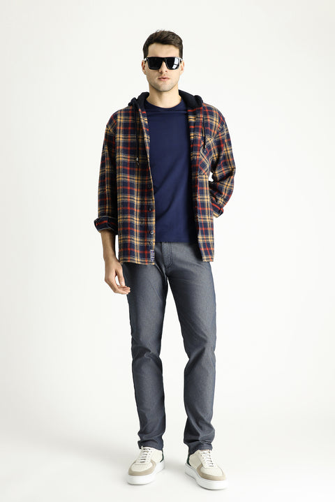 Koyu Lacivert Kapüşonlu Oversize Ekose Shacket Oduncu Pamuk Gömlek / Mont