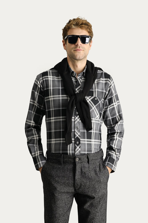 Siyah Uzun Kol Regular Fit Ekose Pamuk Gömlek