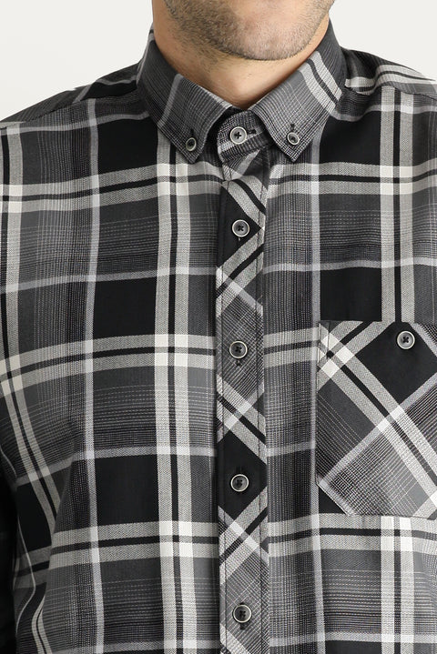 Siyah Uzun Kol Regular Fit Ekose Pamuk Gömlek