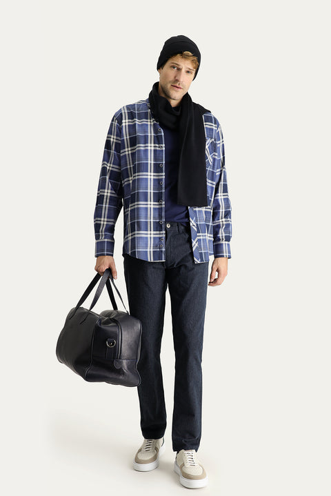 Orta Lacivert Uzun Kol Regular Fit Ekose Pamuk Gömlek