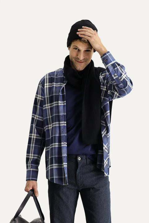 Orta Lacivert Uzun Kol Regular Fit Ekose Pamuk Gömlek