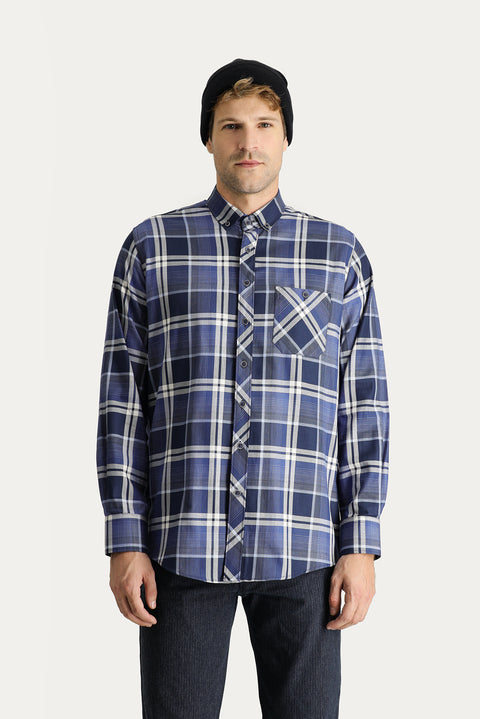 Orta Lacivert Uzun Kol Regular Fit Ekose Pamuk Gömlek