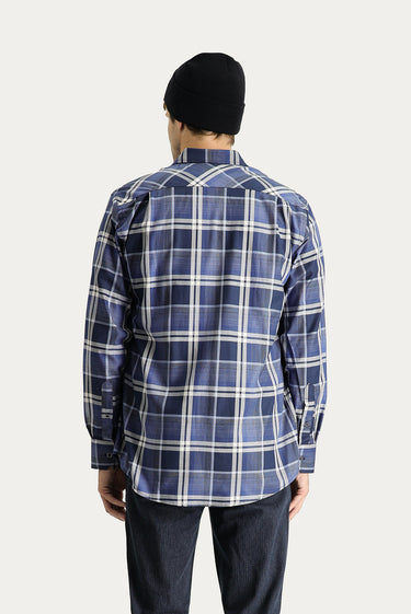 Orta Lacivert Uzun Kol Regular Fit Ekose Pamuk Gömlek