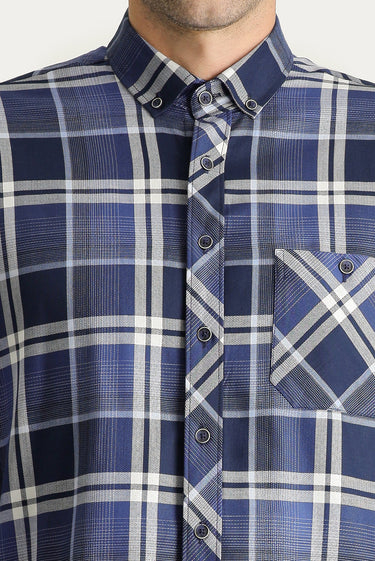 Orta Lacivert Uzun Kol Regular Fit Ekose Pamuk Gömlek