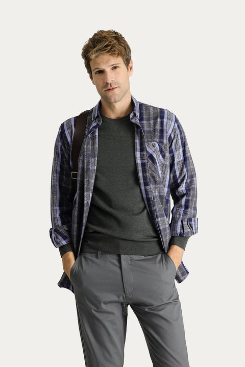 Koyu Lacivert Uzun Kol Regular Fit Ekose Oduncu Pamuk Gömlek