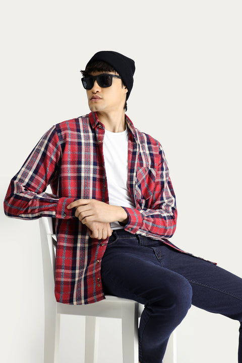 Koyu Kırmızı Uzun Kol Regular Fit Ekose Oduncu Pamuk Gömlek