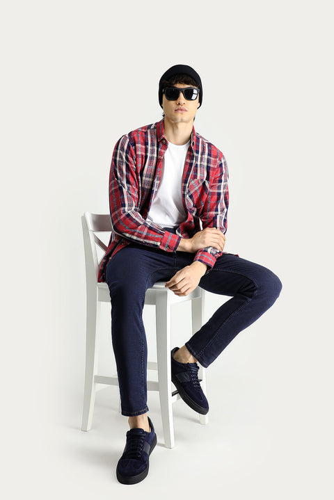 Koyu Kırmızı Uzun Kol Regular Fit Ekose Oduncu Pamuk Gömlek