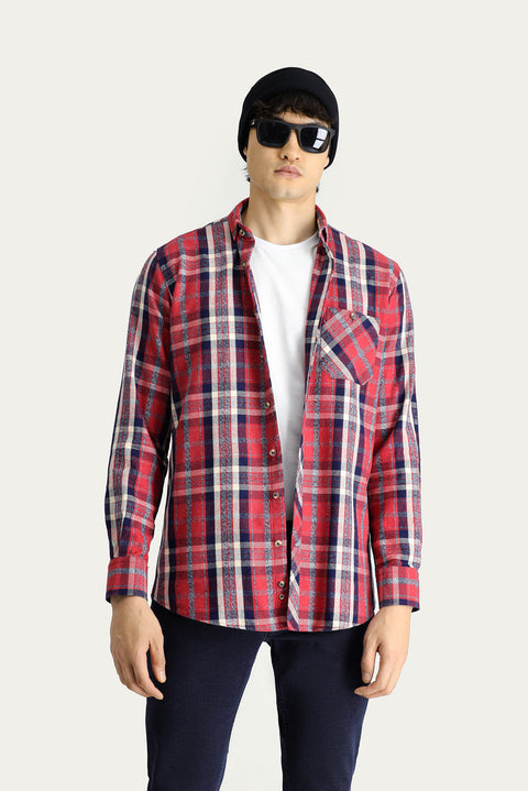 Koyu Kırmızı Uzun Kol Regular Fit Ekose Oduncu Pamuk Gömlek