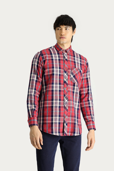 Koyu Kırmızı Uzun Kol Regular Fit Ekose Oduncu Pamuk Gömlek