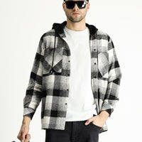 Siyah Kapüşonlu Oversize Ekose Shacket Oduncu Pamuklu Gömlek / Mont