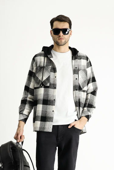 Siyah Kapüşonlu Oversize Ekose Shacket Oduncu Pamuklu Gömlek / Mont