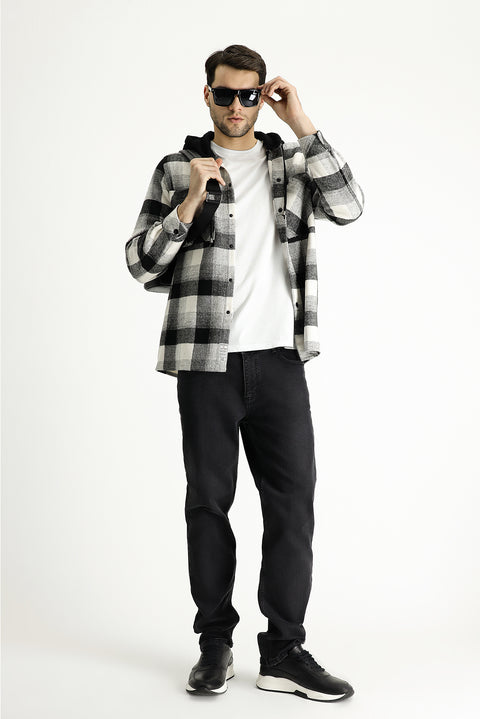 Siyah Kapüşonlu Oversize Ekose Shacket Oduncu Pamuklu Gömlek / Mont