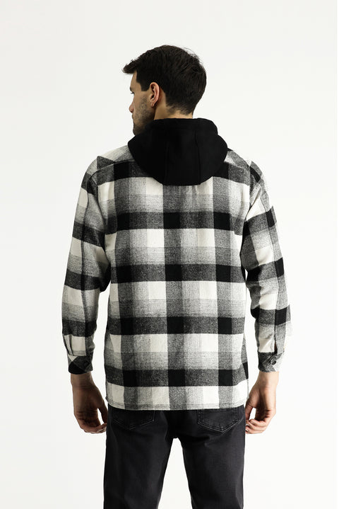 Siyah Kapüşonlu Oversize Ekose Shacket Oduncu Pamuklu Gömlek / Mont