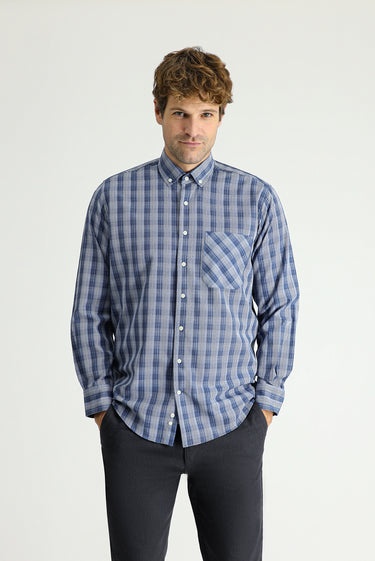 Orta Lacivert Uzun Kol Regular Fit Ekose Pamuklu Kolay Ütülenebilir Gömlek