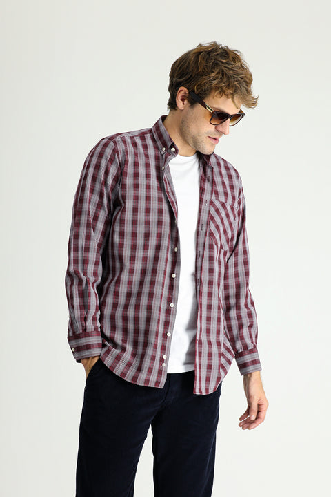 Dark Red Long Sleeve Regular Fit Plaid Cotton Shirt
