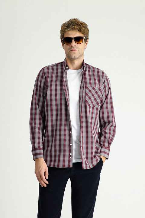 Dark Red Long Sleeve Regular Fit Plaid Cotton Shirt