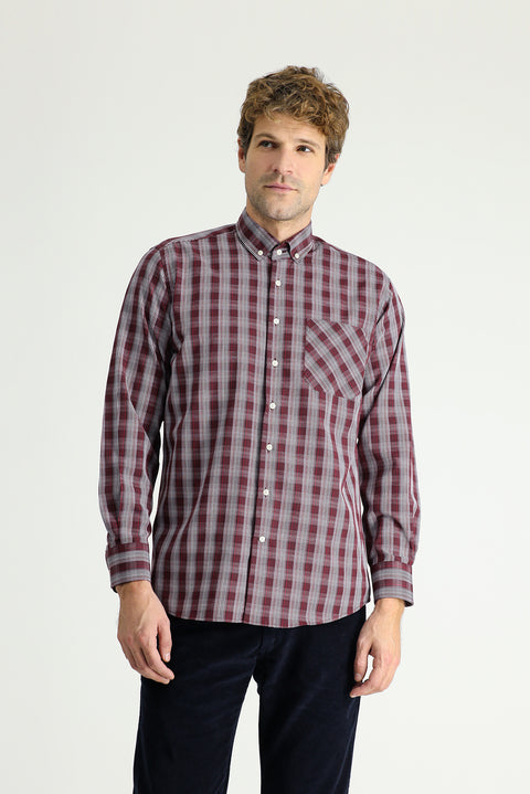 Dark Red Long Sleeve Regular Fit Plaid Cotton Shirt
