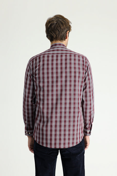 Dark Red Long Sleeve Regular Fit Plaid Cotton Shirt