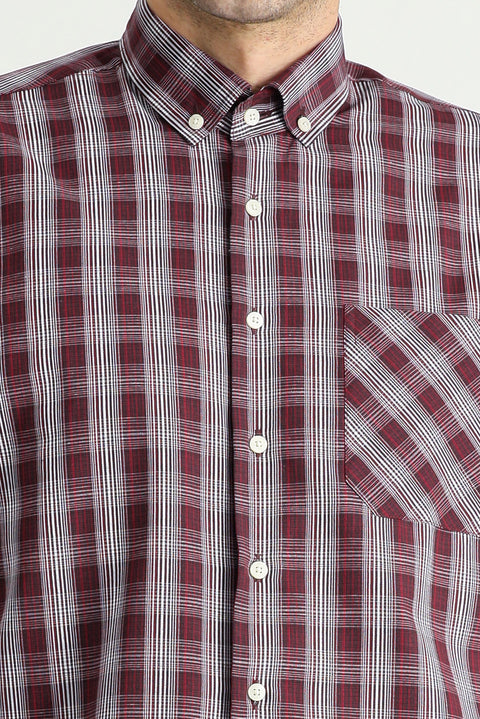Dark Red Long Sleeve Regular Fit Plaid Cotton Shirt
