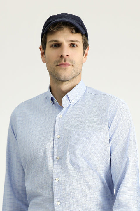 Gök Mavisi Uzun Kol Regular Fit Ekose Pamuklu Kolay Ütülenebilir Düğmeli Yaka Gömlek