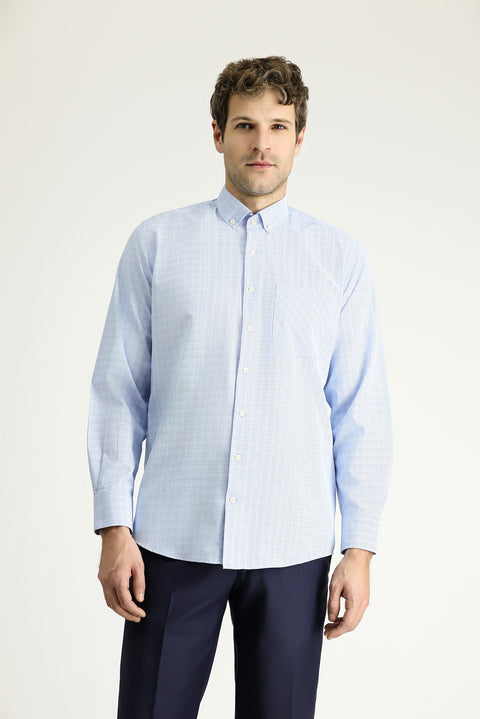 Gök Mavisi Uzun Kol Regular Fit Ekose Pamuklu Kolay Ütülenebilir Düğmeli Yaka Gömlek