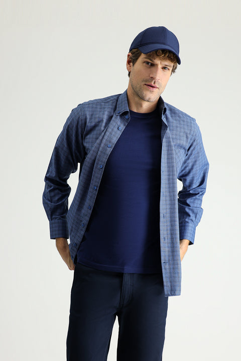 Koyu Mavi  Uzun Kol Regular Fit Ekose Pamuklu Kolay Ütülenebilir Düğmeli Yaka Gömlek