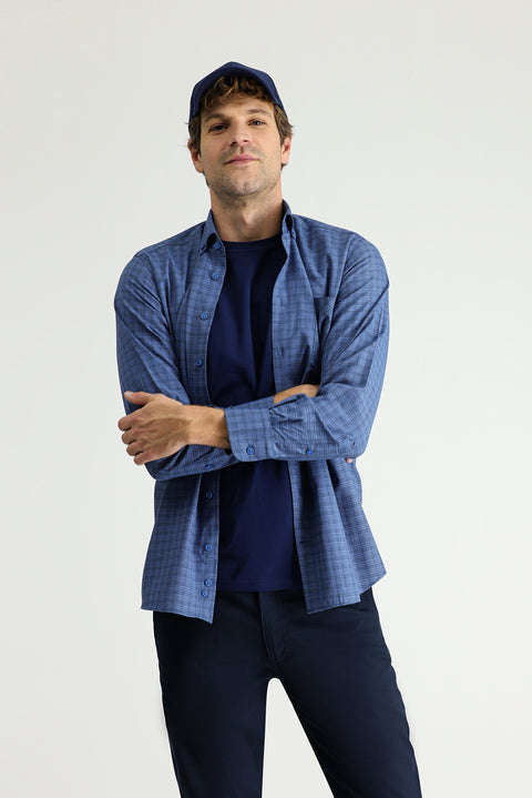 Koyu Mavi  Uzun Kol Regular Fit Ekose Pamuklu Kolay Ütülenebilir Düğmeli Yaka Gömlek