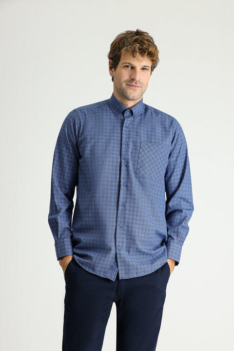 Koyu Mavi  Uzun Kol Regular Fit Ekose Pamuklu Kolay Ütülenebilir Düğmeli Yaka Gömlek