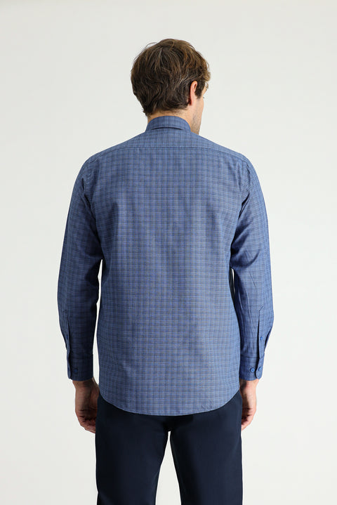 Koyu Mavi  Uzun Kol Regular Fit Ekose Pamuklu Kolay Ütülenebilir Düğmeli Yaka Gömlek