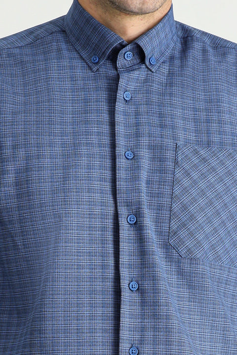 Koyu Mavi  Uzun Kol Regular Fit Ekose Pamuklu Kolay Ütülenebilir Düğmeli Yaka Gömlek