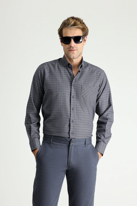 Orta Antrasit Uzun Kol Regular Fit Ekose Pamuklu Kolay Ütülenebilir Düğmeli Yaka Gömlek