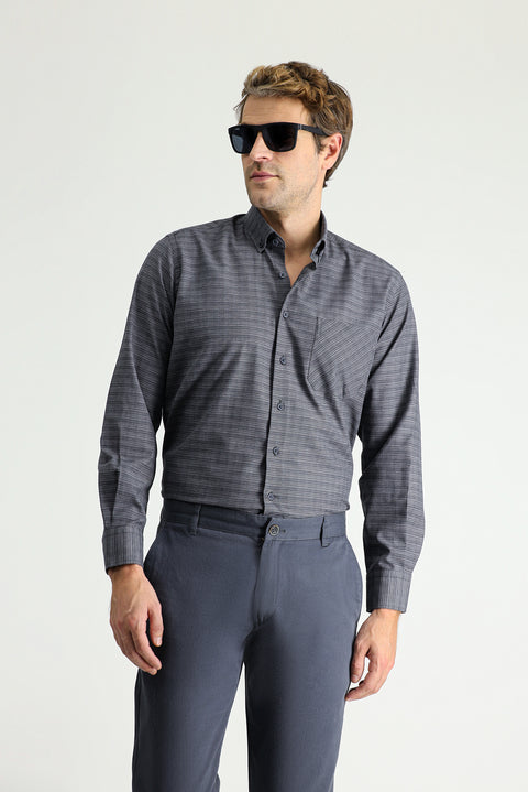 Orta Antrasit Uzun Kol Regular Fit Ekose Pamuklu Kolay Ütülenebilir Düğmeli Yaka Gömlek