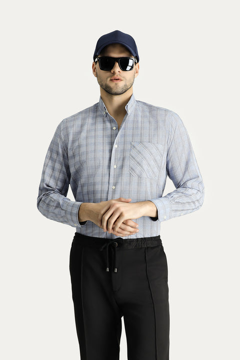 Açık Mavi Uzun Kol Regular Fit Ekose Pamuklu Kolay Ütülenebilir Düğmeli Yaka Gömlek