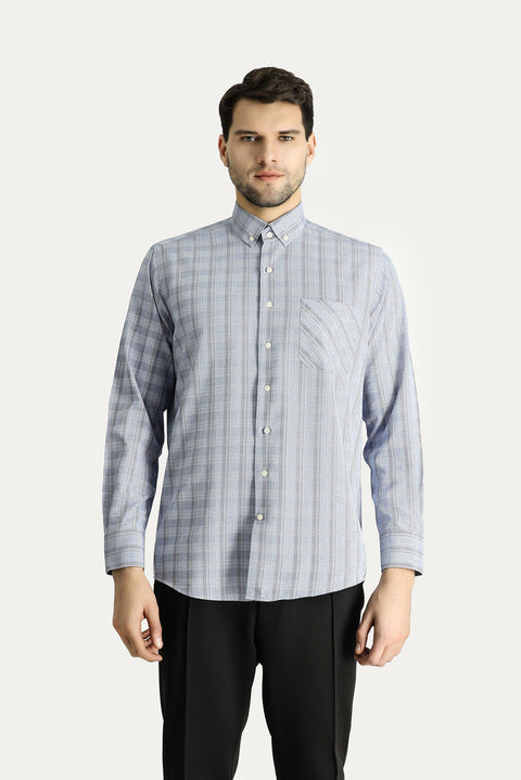 Açık Mavi Uzun Kol Regular Fit Ekose Pamuklu Kolay Ütülenebilir Düğmeli Yaka Gömlek