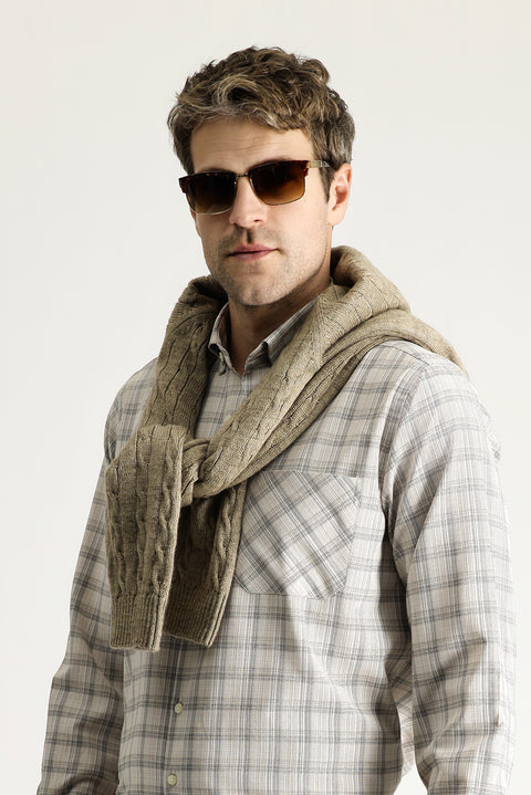 Açık Bej Uzun Kol Regular Fit Ekose Pamuklu Düğmeli Yaka Gömlek